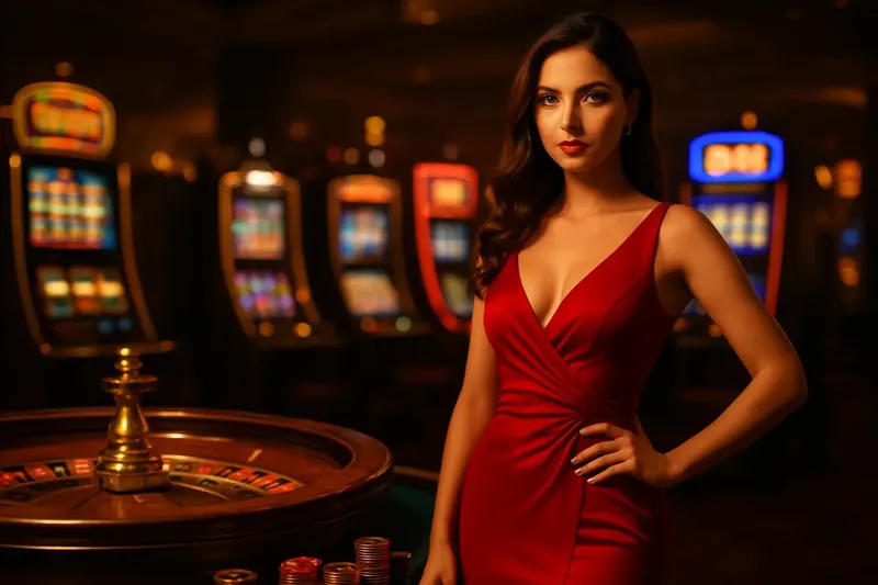 Bangladesh Casino Banner Elegant woman in red dress posing near roulette and slot machines in luxury Bangladesh casino with neon lights and gold coins