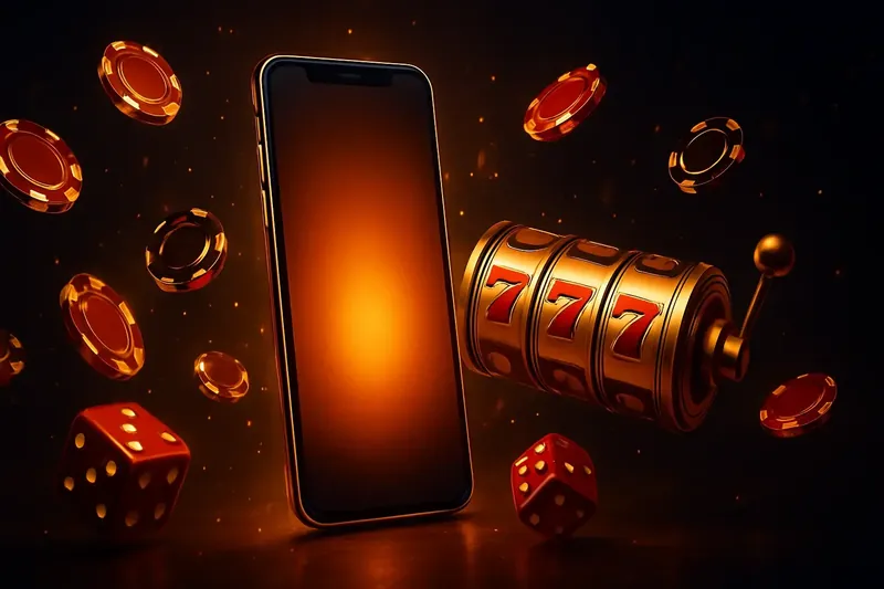 Casino Promo Banner Glowing smartphone surrounded by casino chips, slot reels, and dice on a dark luxurious background